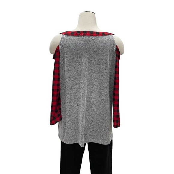 Christmas Top 1X Plaid Sleeves Cold Shoulder Candy Cane Festive Holiday Winter - Picture 7 of 9
